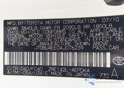2010 Toyota Corolla Le z USA, uszkodzony, nr VIN JTDBU4EE0AJ076239